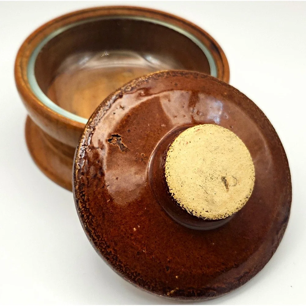 Vintage Mid-Century 3-Piece Wood & Stoneware Lidded Dish with Glass Liner